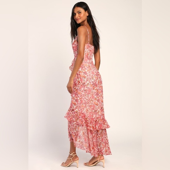 Lulus Always Enchanting Pink Floral Metallic Ruffled High-Low Dress Size Large - Picture 5 of 16